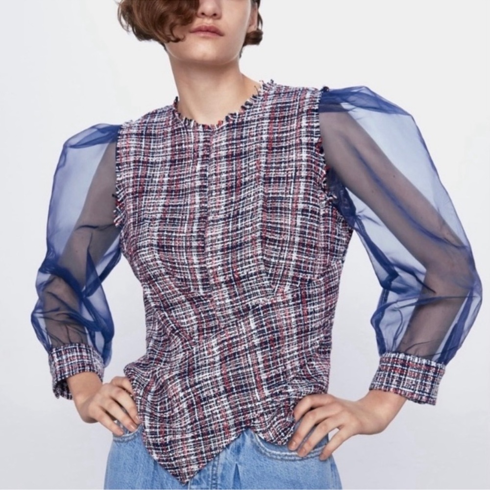 Zara red white blue tweed and organza top size small